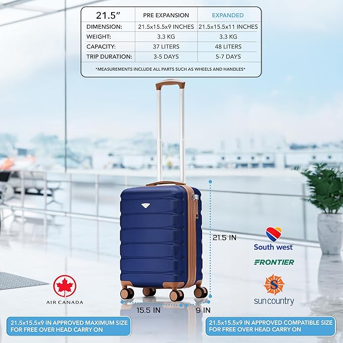 Carry On Suitcase Hardside TSA Lock & USB Port Silent Double Spinner Wheels Maximum Carry-On Bag For Canada Air Approved Airlines( 21.5x15.5x9" ,Navy/Tan )