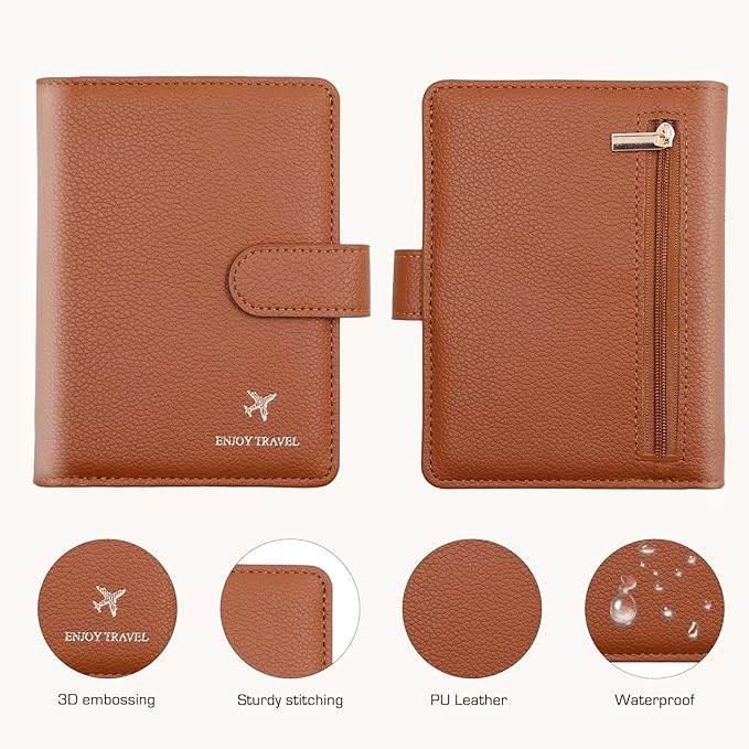 Cnycmy Passport Holder with RFID Blocking, Cash Pocket & Back Zipper Coin Pocket - Travel Document Holder, Magnetic Button, Multiple Card Slots - Soft PU Leather for Men and Women (BROWN)