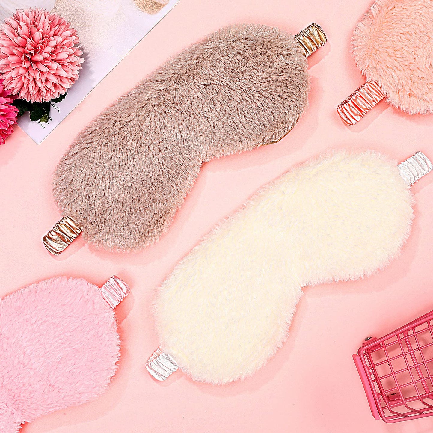 4 Pieces Plush Eye Mask Silk Furry Sleep Masks Comfortable Blindfold Eye Cover Colorful Satin Night Eyeshade Cover for Women Men Sleep Travel Nap Sleeping (Solid, Fresh Colors)