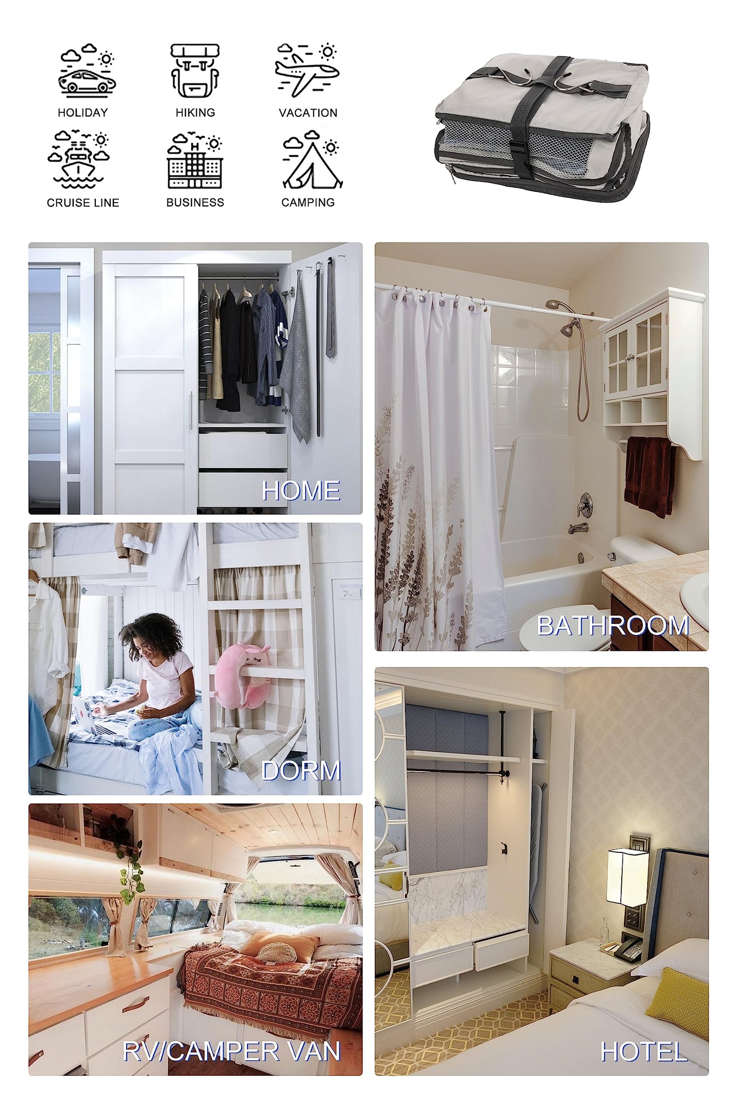 ELEZAY Hanging Packing Cubes Portable Closet 3-Shelf Travel Collapsible Compression Garment Organizer for Carry-on Luggage Suitcase Space Saver Bag X-Large_No Side Pockets, Lightgrey