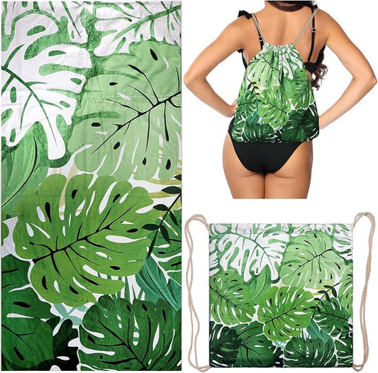 2 in 1 Packable Towel Bag - Summer Tropical Beach Blanket Backpack Green Travel Picnic Towel for Family Holiday Camping