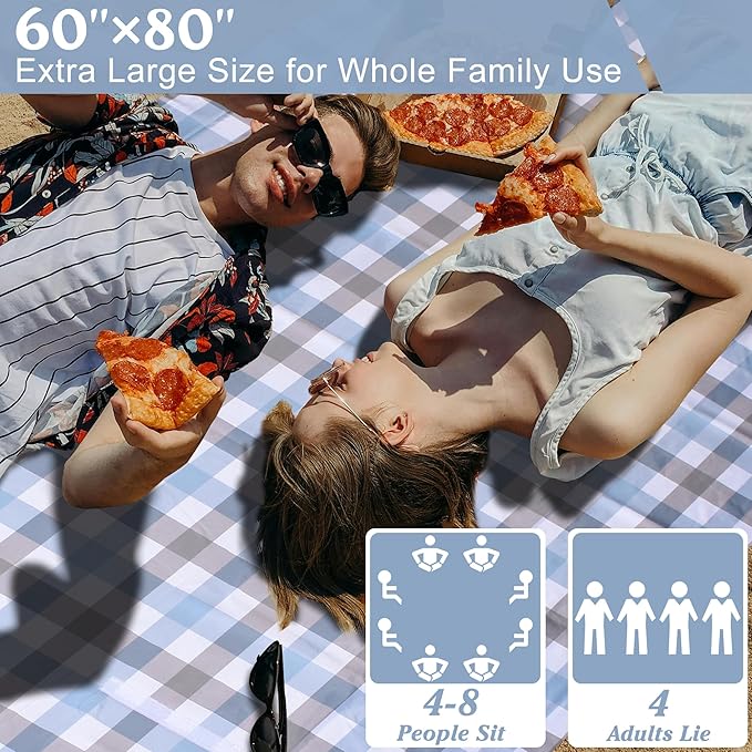 80"x60" Waterproof Sandproof Picnic Mat - Portable Foldable Outdoor Blanket for Beach, Park, Travel & Indoor Use - Lightweight Compact Design, Easy-Carry (Blue&Gray)
