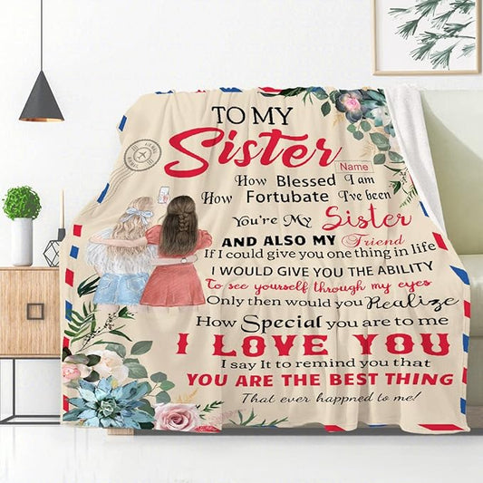 to My Sister Blanket Birthday Gift, Flower Sister Christmas Blanket Gift, Ultral Soft Cozy Warm Flannel Fleece to My Bestie Blanket Suit for Sofa, Couch, Bed, Travel, Sofa 120"x90" XL for Family