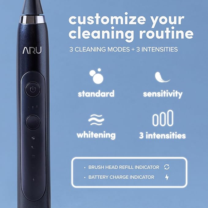 ARU Sonic Toothbrush Starter Kit with Customizable Modes and 2 Minute Timer, ADA-Approved Electric Toothbrush for Adults, Soft Toothbrush for Gums, 45+ Days Battery, Travel Case, Mystic Blue