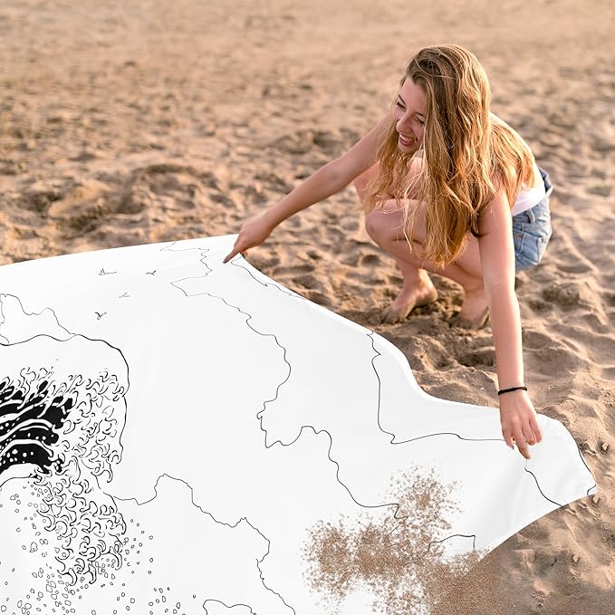 Beach Blanket, Large Sandproof & Waterproof Picnic Blankets, Quick Drying Sand Free Lightweight Beach Mat with 4 Stakes & Pockets for Outdoor Travel Camping Hiking Vacation Essentials - The Great Wave