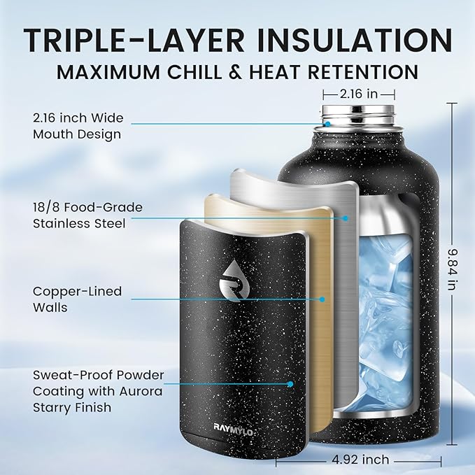 64oz Insulated Water Bottle, Triple Wall Vacuum Stainless Steel Water Bottles - Keeps Cold 48H, Reusable Half Gallon Jug for Gym, Sports, Camping, Hiking,Travel, Black Speckled