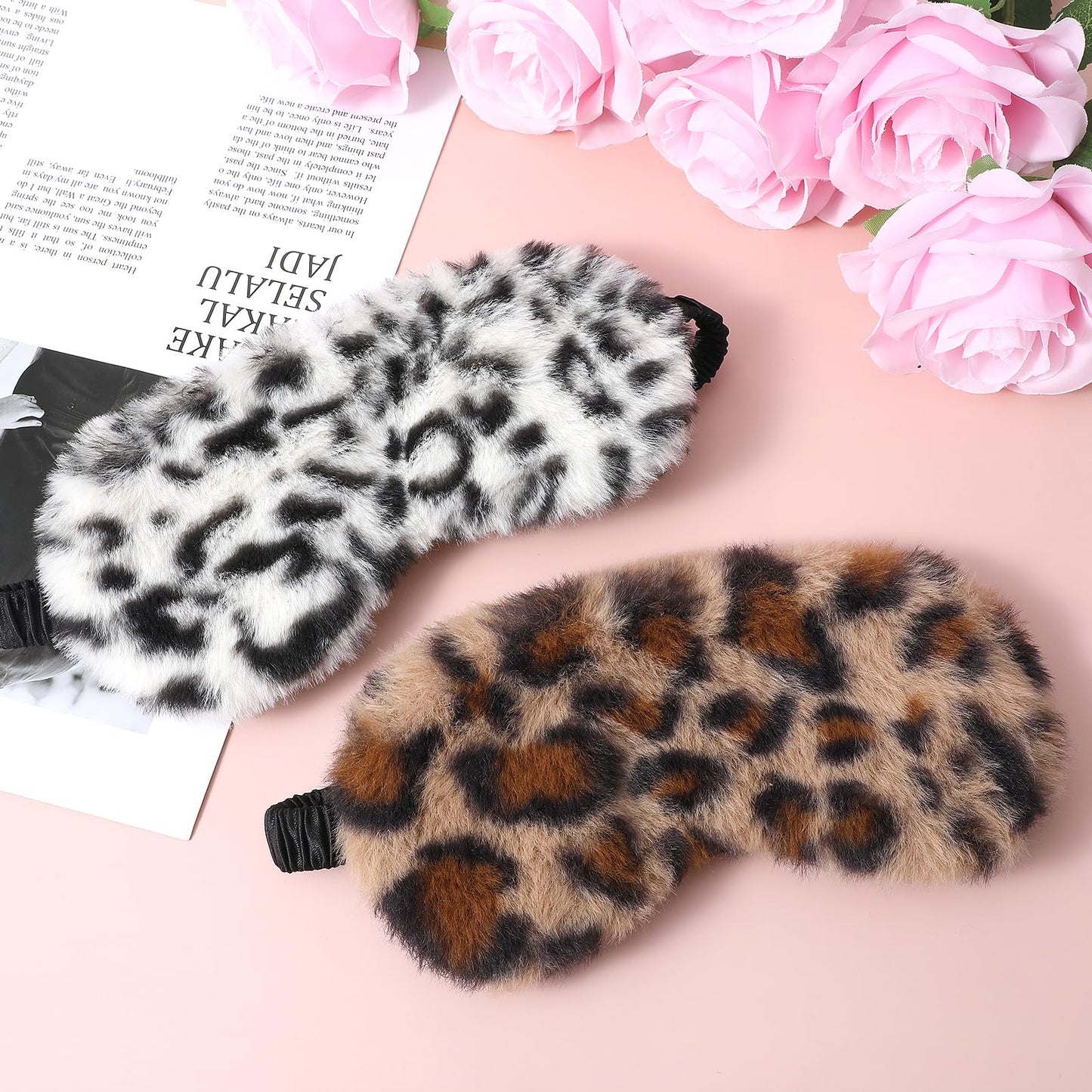 2 Pcs Plush Leopard Eye Mask Soft Sleeping Blindfold Eye Cover Comfortable Furry Faux Fur Sleeping Mask Satin Nap Night Eyeshade Cover for Women Men Gift (Brown, White)