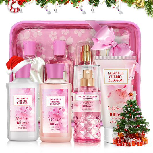BBlove Bath and Body Gift Set for Women & Girls, Japanese Cherry Blossom, 4PCS Set for-Shower Gel, Body Lotion, Body Mist, Exfoliating Scrub, Body Care Set
