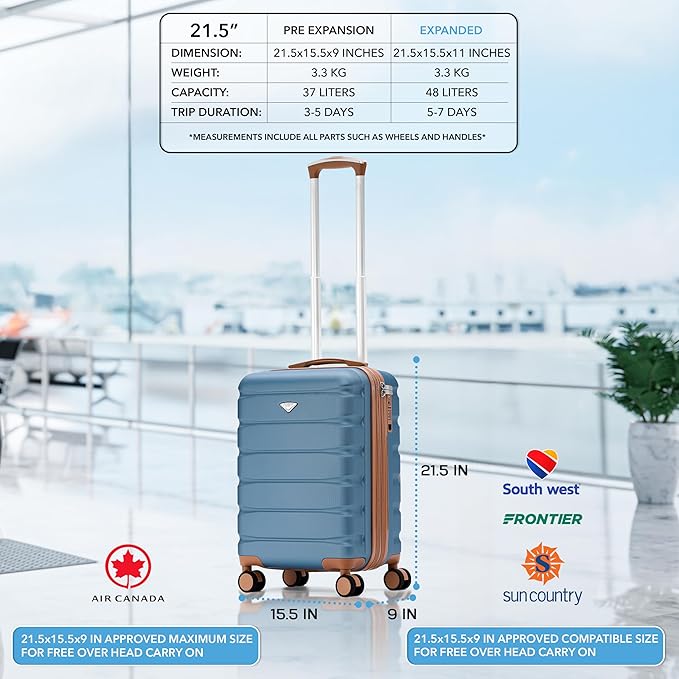 Carry On Suitcase Hardside TSA Lock & USB Port Silent Double Spinner Wheels Maximum Carry-On Bag For Canada Air Approved Airlines( 21.5x15.5x9" ,Blue/Tan )