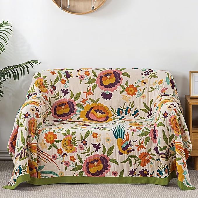 Boho Throw Blanket,100% Cotton Muslin Blankets for Bed,Cozy Fall Throw Blanket,Reversible Bohemian Throw Blankets for Couch,Farmhouse,Golden Phoenix,60"x80"