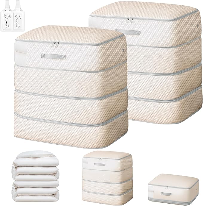 Comforter Storage Bag - 130L Large Capacity Blanket Storage Bags 4-Layer Ultra Space Saving Self Compression Organizer, Washable Compression Bags for Storage Comforter Blanket, 2-Pack, Beige