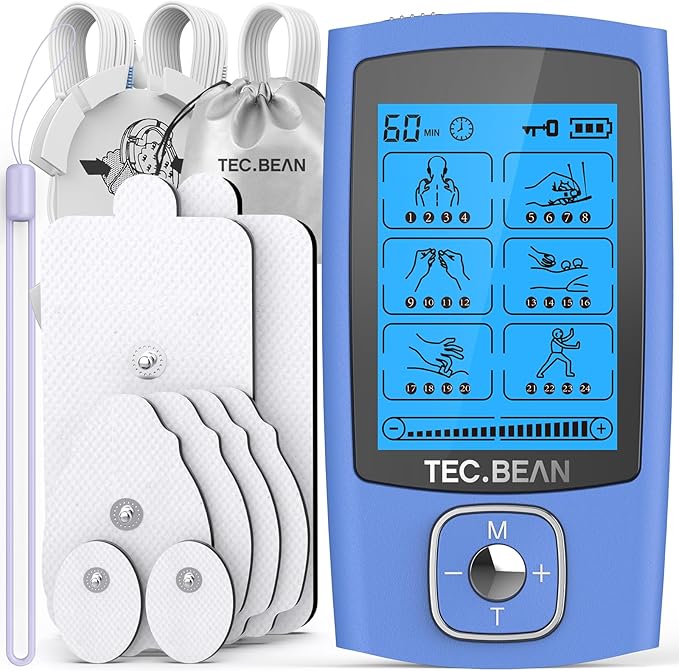 24 Modes Tens Unit Muscle Stimulator, Rechargeable Tens Machine with 8 Electrode Pads (American Gel), Electric Pulse Massager for Pain Relief Therapy（Blue）
