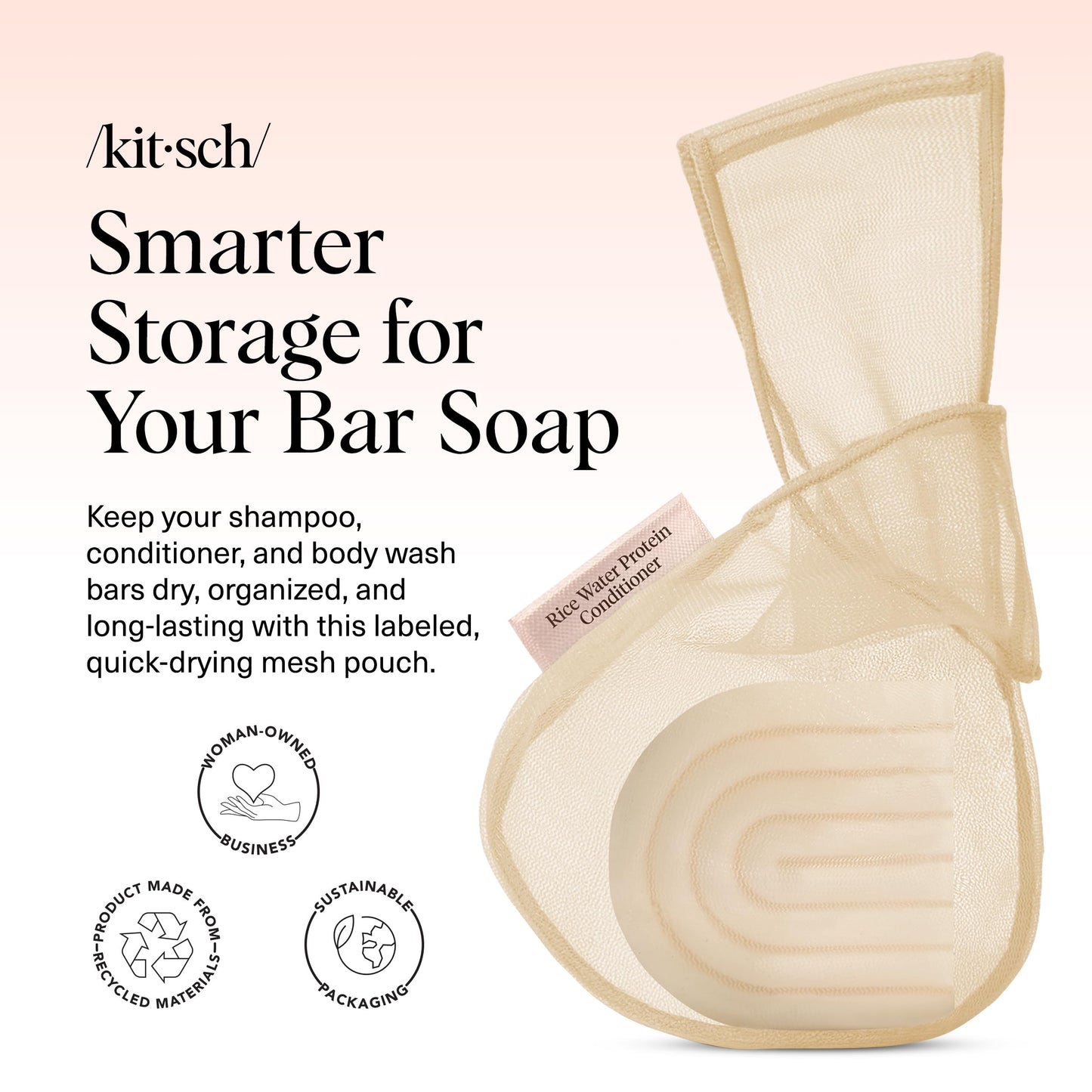 Kitsch Bar Soap Saver Bag - Patented Mesh Bag Soap Holder for Rice Water Protein Conditioner Bar With Tag Identifier - Extends Use & Prevents Soggy Mess - Recycled Mesh Beauty Pouch, Eco-Friendly
