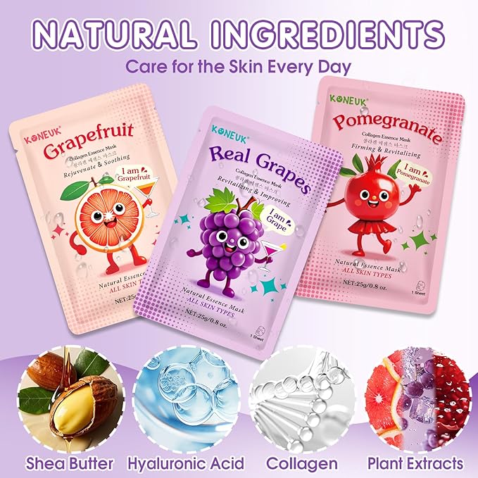 70 Pack Collagen Hydrating Face Masks Skincare for Women, Cute Fruit Face Mask Skin Care for Kids Teens, Bulk Sheet Facial Masks Set for All Skin Types, Spa Party Supplies for Girls, Birthday Gifts