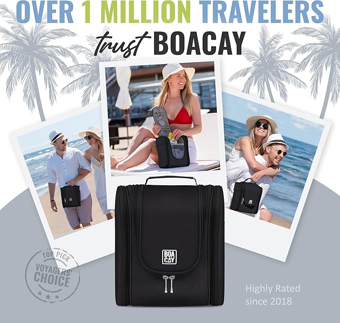 BOACAY Hanging Travel Toiletry Bag for Women and Men, Makeup Bag, Bathroom & Shower Organizer Kit for Accessories, Cosmetics, Travel Essentials