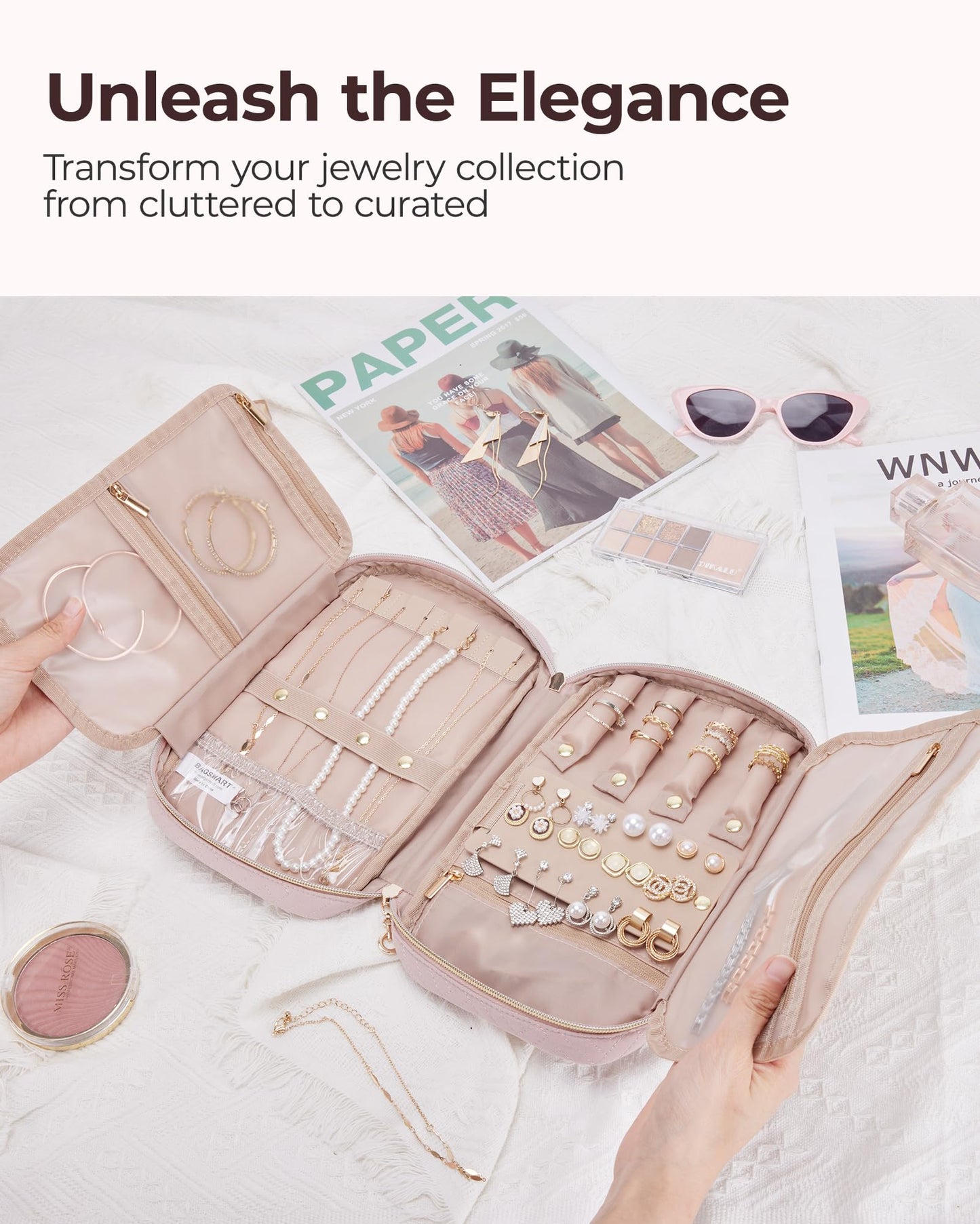 BAGSMART Jewelry Organizer Case Travel Jewelry Storage Bag for Necklace, Earrings, Rings, Bracelet, Soft Pink