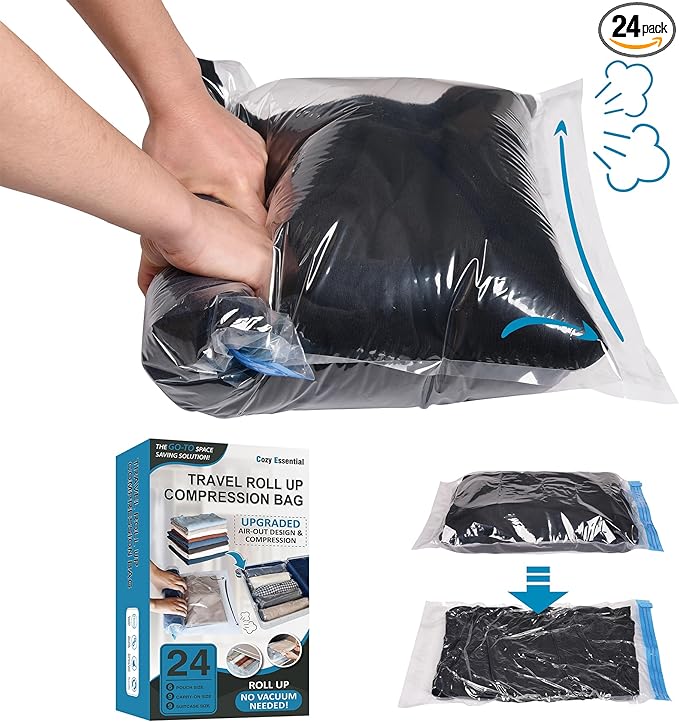 Compression Bags for Travel - Travel Essentials - 24 Pack Space Saver Bags - No Vacuum Needed - Compression Packing Bags for Cruise Accessories