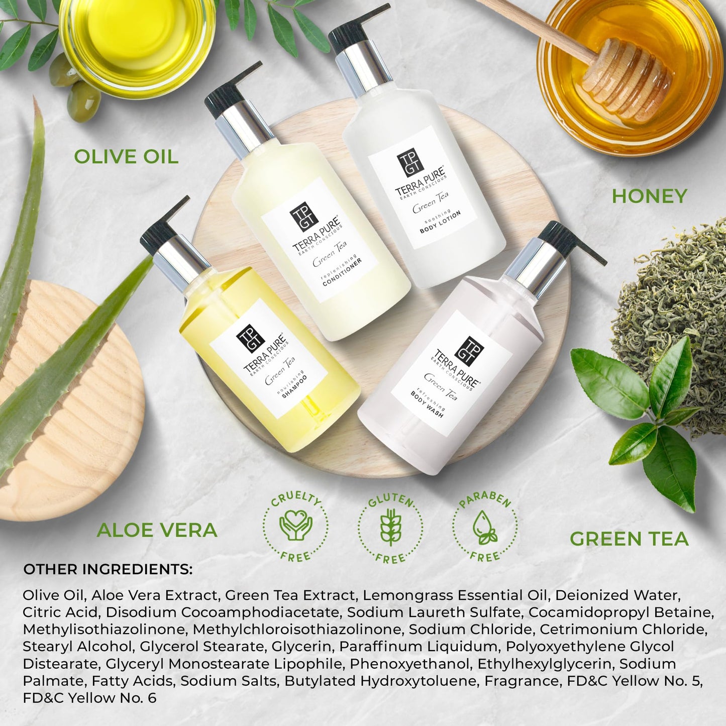 1-Shoppe Terra Pure Ecobox Amenities Kit | Green Tea Soap | Shampoo, Conditioner, Body Lotion, Body Wash | 10.14 oz | Hotel Toiletries Bulk