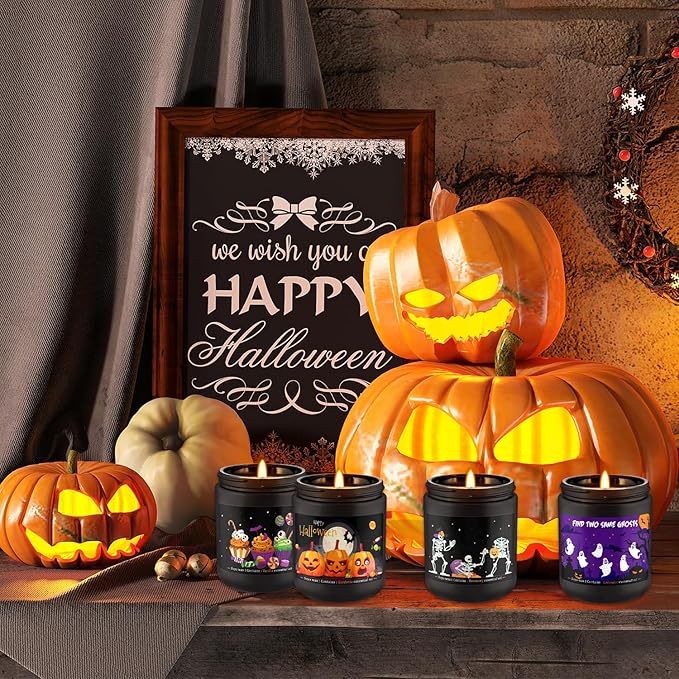 Halloween Scented Candles Set, 4 Pack (7oz Each) Soy Wax Candles with Pumpkin, Ghost, Skeleton Designs, Perfect for Halloween Decor, Gifts and Aromatherapy.