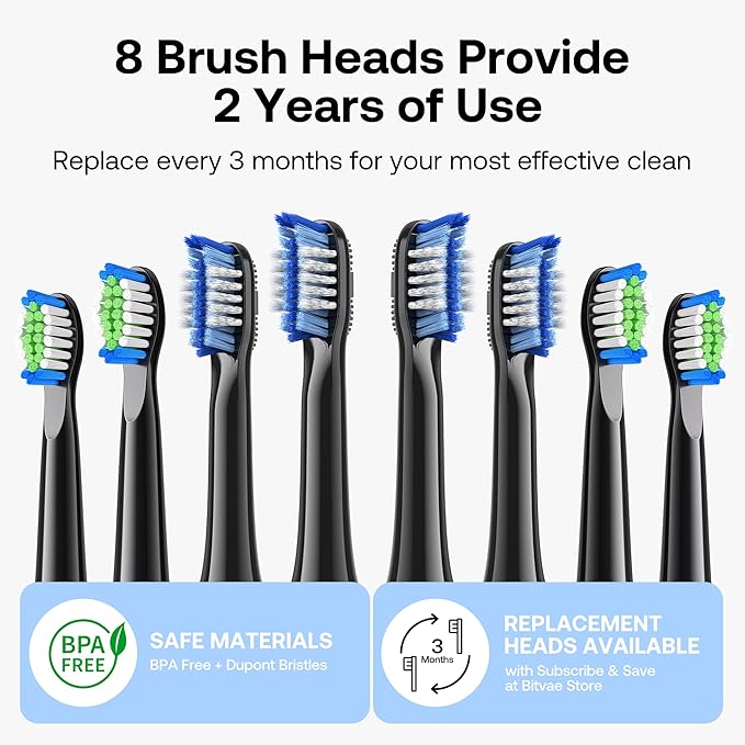 Bitvae ADA Accepted Electric Toothbrush, Travel Toothbrush Rechargeable for Adults and Kids, 60-Day Battery, 5 Modes, 8 Heads, Portable Travel Case & Holder, Shadow Black