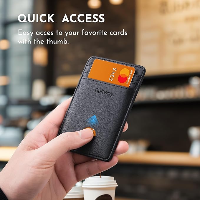 Buffway Mens Slim Wallet, Minimalist Thin Front Pocket Leather Credit Card Holder with RFID Blocking for Work Travel