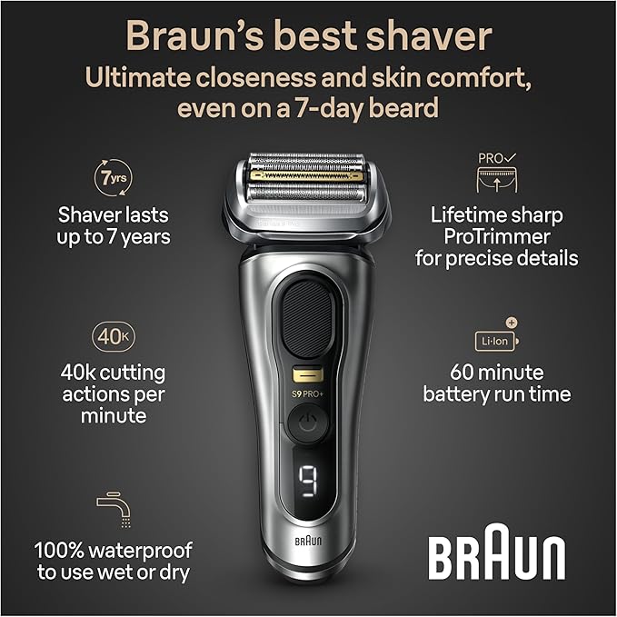 Braun Series 9 9517s PRO+ Electric Razor for Men, 5 Pro Shave Elements & Precision Long Hair ProTrimmer, Charging Stand, Braun’s Best for Smooth Skin, Wet & Dry Electric Razor with 60min Runtime