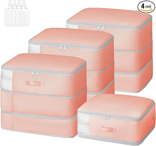 Comforter Storage Bag - Large Capacity Blanket Storage Bags 3-Layer Ultra Space Saving Self Compression Organizer, Washable Compression Bags for Storage Comforter Blanket, 4-Pack, Pink