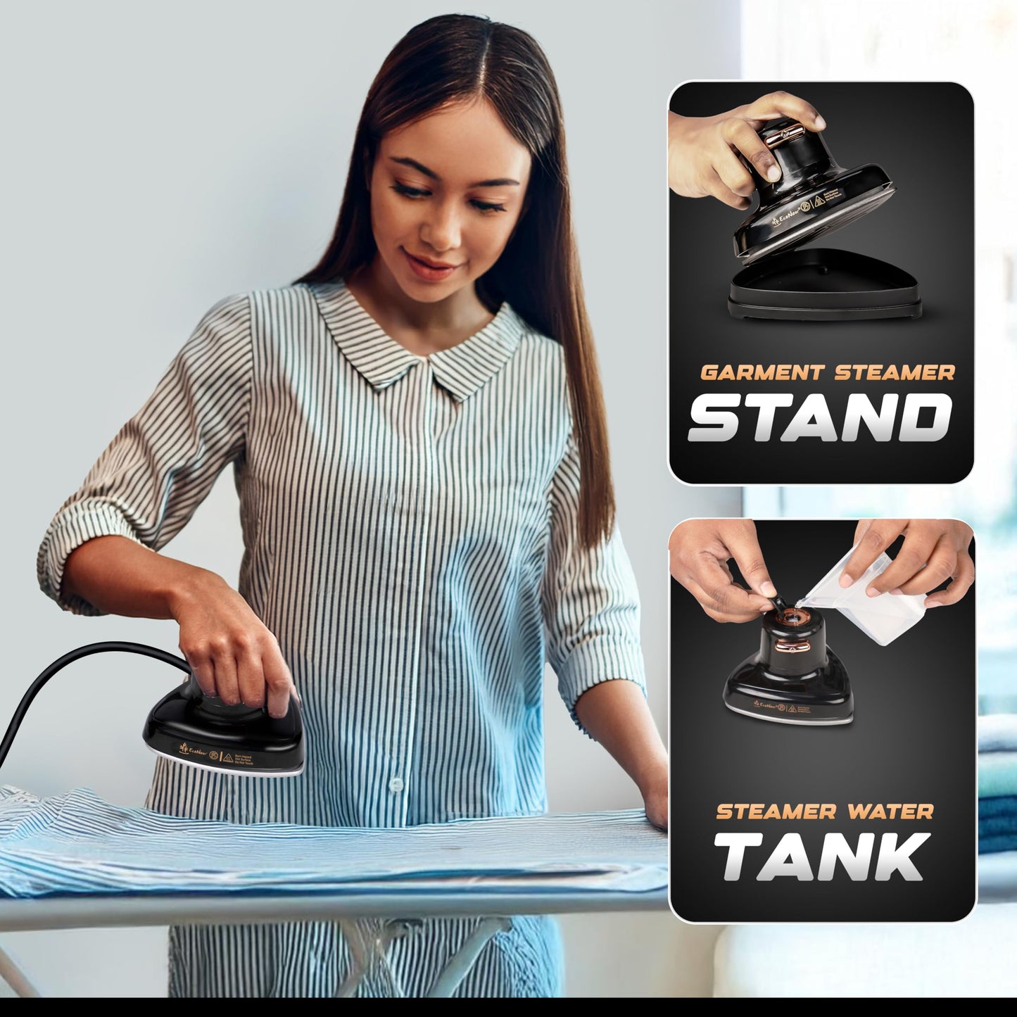 Econour 2-in-1 Mini Travel Iron & Steamer with temperature control, light indicator, and non-stick soleplate. Compact, portable, and ideal for travel, crafting, quilting, sewing, and handcraft project