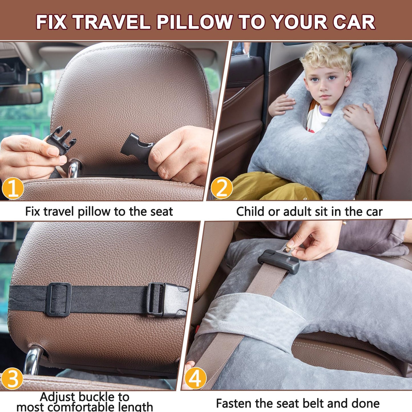1 MIDDLE ONE Car Pillow for Kids, Memory Foam Travel Pillow for Car and Adults, Kid Travel Pillow for Sleeping on Road Trip, Small Body Pillow for Kids (Grey)