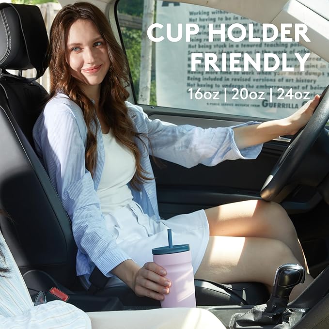 COKTIK 24oz Insulated Tumbler with Lid and Straw 2 Lids (Straw/Flip) Iced Coffee Cup Reusable Stainless Steel Travel Mug Water Bottle Cupholder Friendly for Women Men Her Him (Blush)