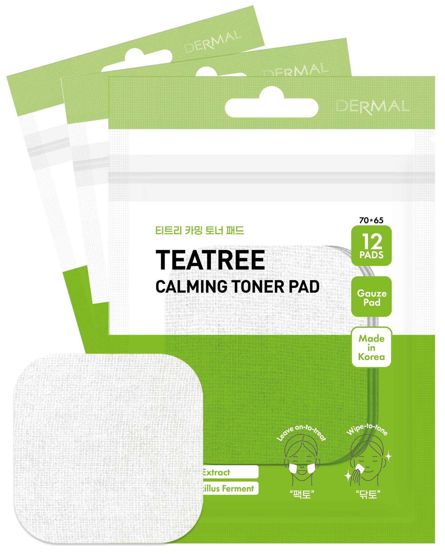 DERMAL Teatree Calming Toner Pad - Korean Toner Pad for Calming & Acne Improvement with Zinc PCA - Vegan Gauze Tencel Square Pads - Travel Kit 12 Pads, 3 Pack (Total 36 Pads)