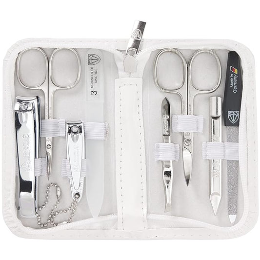 3 Swords Germany - brand quality 8 piece manicure pedicure grooming kit set synthetic leather case white - Made in Germany
