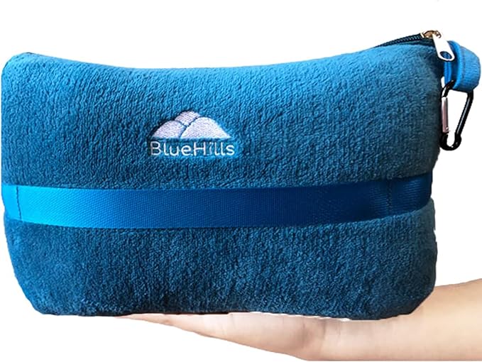 BlueHills Travel Blanket Pillow in Mini Soft Case Premium Plush Airplane Blanket in Soft Bag Compact Pack with Luggage Belt and Backpack Clip Airline Car 2 in 1 Traveler Essentials - Teal Blue M03