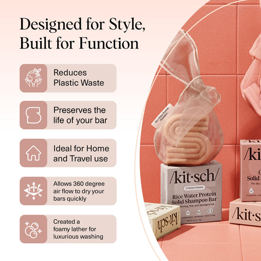 Kitsch Bar Soap Saver Bag - Patented Mesh Bag Soap Holder for Rice Water Protein Conditioner Bar With Tag Identifier - Extends Use & Prevents Soggy Mess - Recycled Mesh Beauty Pouch, Eco-Friendly
