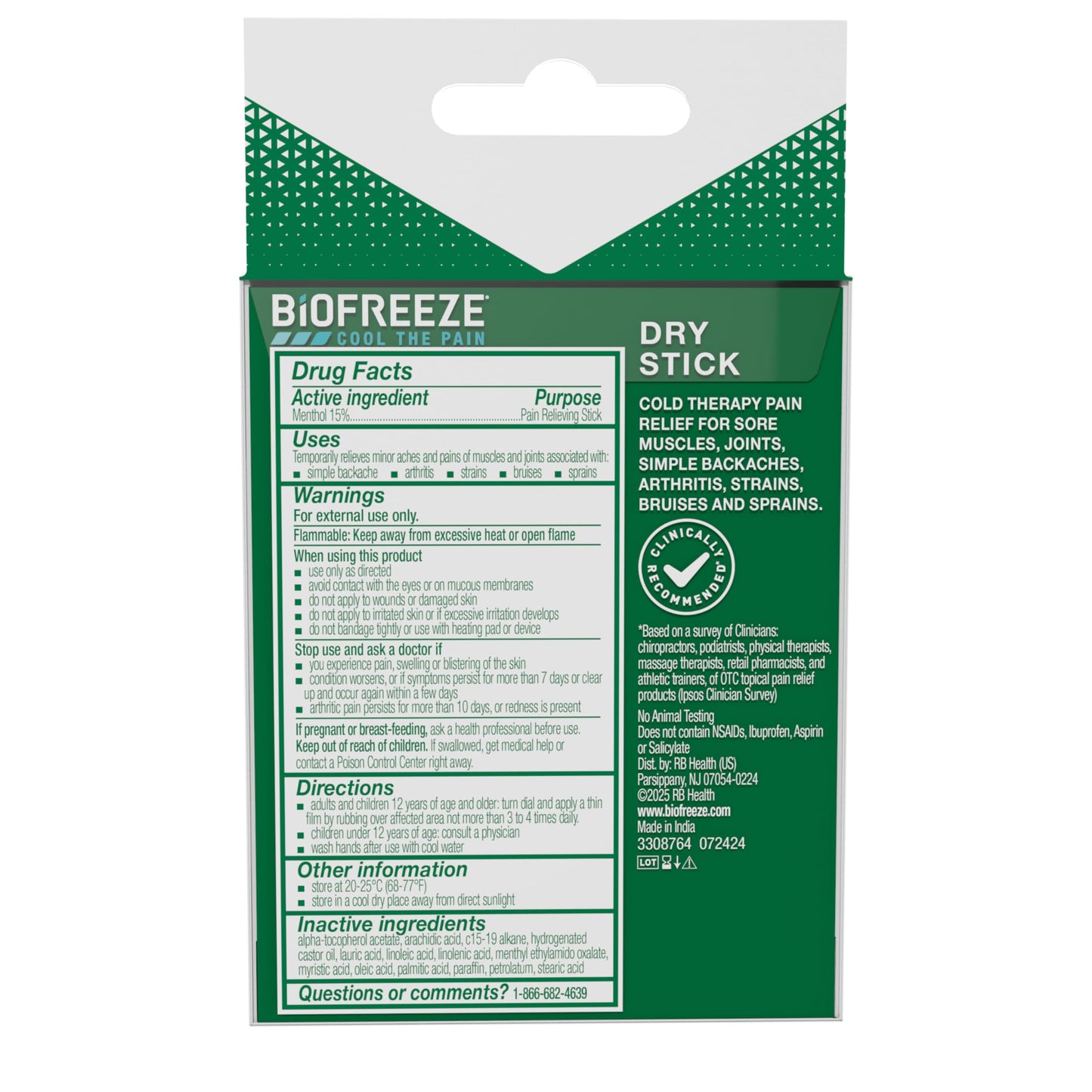 Biofreeze Dry Stick, Mess-Free Relief for Neck, Shoulder, Knee, Hip, Hand & Joint, Cooling Menthol Pain Relief Stick, Up to 100 Uses
