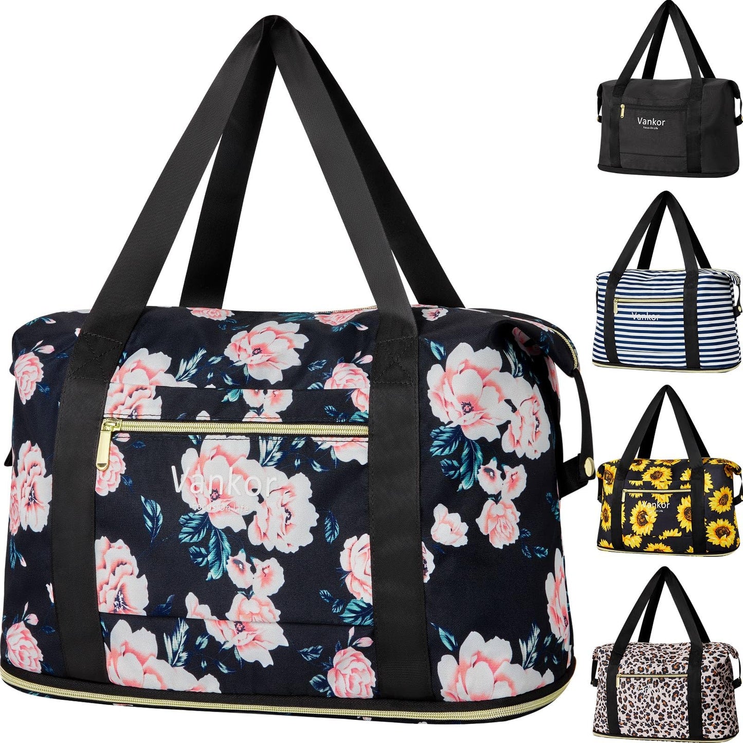Vankor Expandable Travel Duffle Bag for Travel, Foldable Carry on Tote Bag Lightweight Weekender Overnight Hosptital Bag for Men Women Black Floral