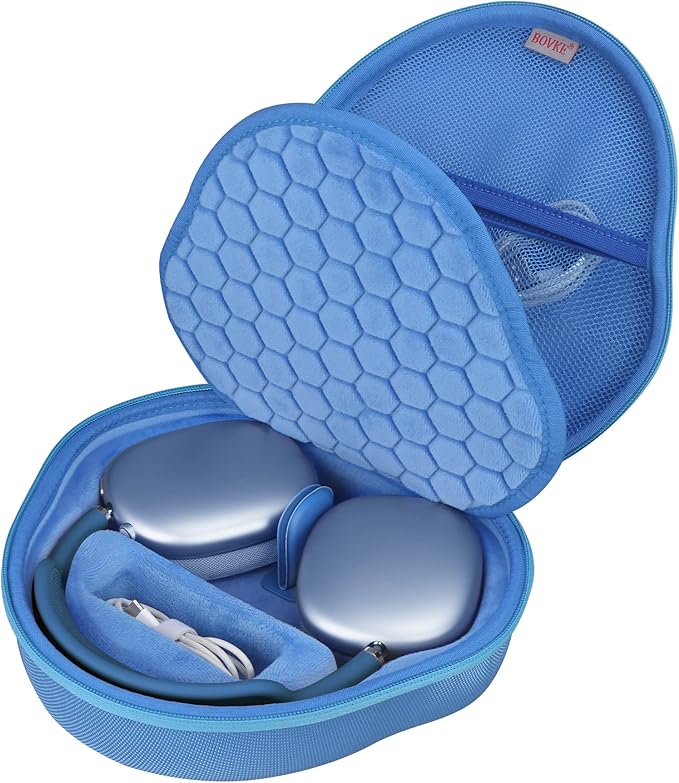 BOVKE Hard Carrying Case with Sleep Mode for Apple AirPods Max Wireless Over-Ear Headphones, AirPods Max Protective Portable Storage Bag with Mesh Pocket for Headphone Accessories, Blue