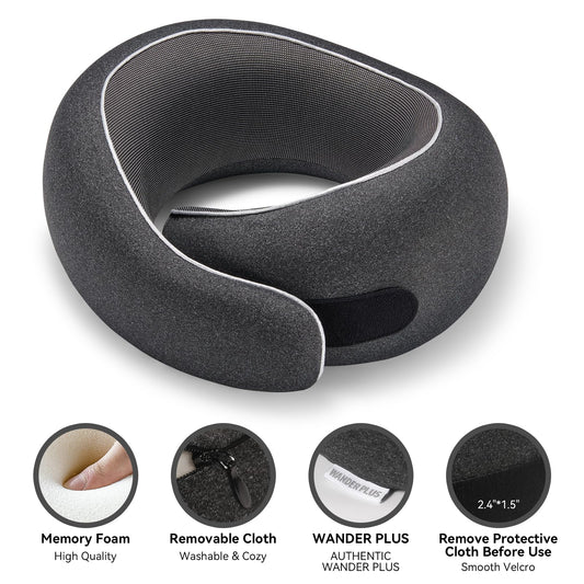 WANDER PLUS® Travel Pillow, 100% Pure Memory Foam Travel Neck Pillow Airplane Neck Support Ergonomic Design Best for Sleeping Plane Car Train Office Flight for Adults Grey