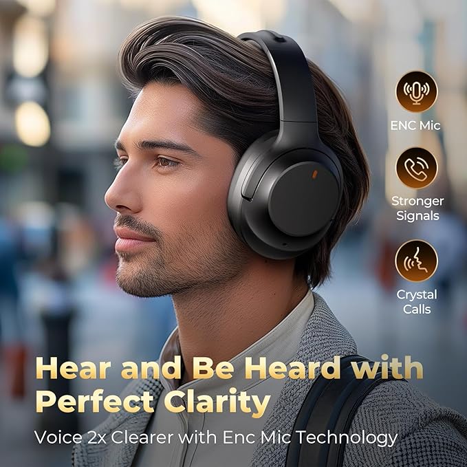 Active Noise Cancelling Headphones, Upgraded Wireless Bluetooth Headphones Over Ear with ENC Mic, HiFi Stereo Deep Bass, Noise Canceling Headphones Lightweight, BT 5.4, for Travel/Office/Home, Black