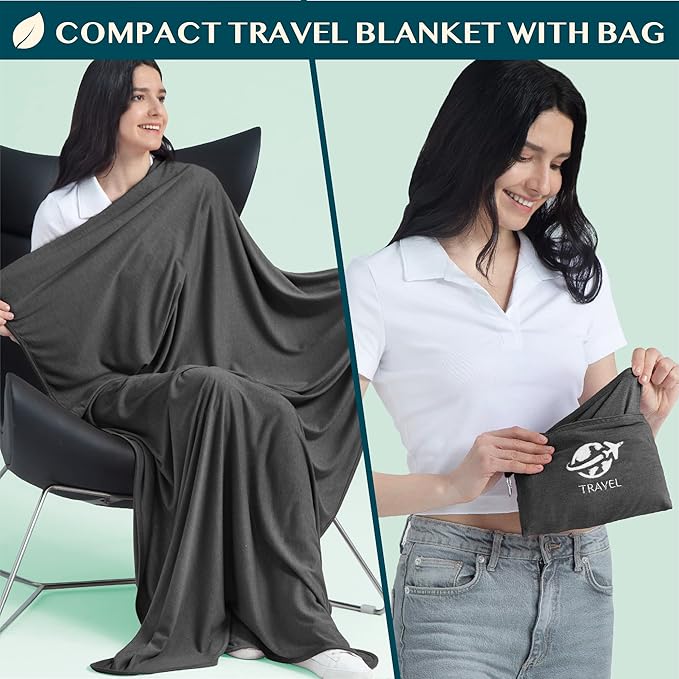 PAVILIA Travel Blanket Airplane Compact with Bag, Small Travel Pillow Blanket for Long Flights, Lightweight Plane Blanket with Luggage Strap, Camping Blanket for Traveler Essentials, Black, 65x40