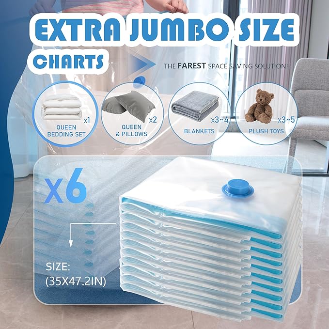 6 Pack XXL Jumbo Vacuum Storage Bags with Electric Air Pump, Space Saver Bags,Compression for Comforters and Blankets,Duvets,Pillows,Travel(47.2x35 in)