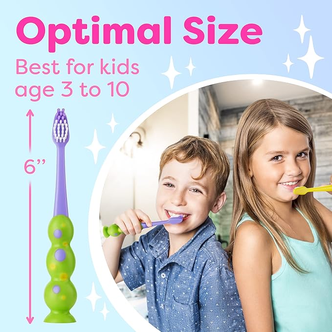 Kids Toothbrush 4 Pack - Soft Contoured Bristles - Child Sized Brush Heads (3-10 Year Old) - Suction Cup for Fun & Easy Storage - Girl & Boy Set (Green & Pink)
