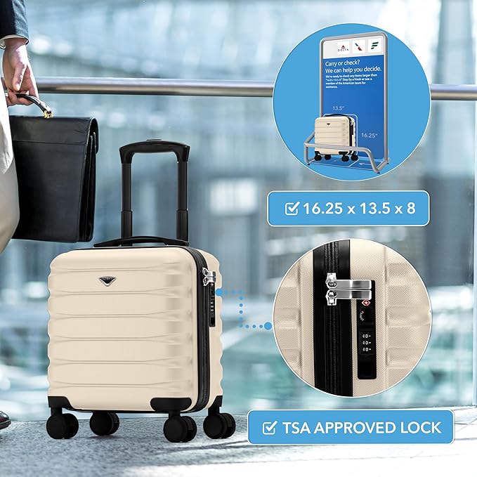 Carry On Suitcase Hardside TSA Lock & USB Port Silent Double Spinner Wheels Maximum Underseat Carry-On Bag For Virgin & South West Approved Airlines( 16.25x13.5x8" ,Cream/Black )