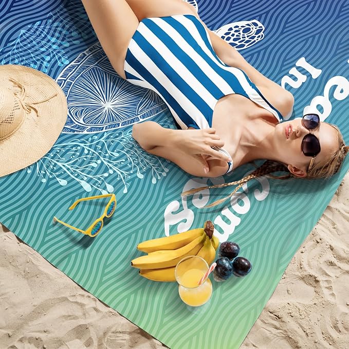 Beach Turtle Pocket Picnic Blankets, Blue Ocean Coastal Mini Beach Camping Blanket Waterproof Sandproof, Rustic Sea RV Outdoor Picnic Blanket Mat Gifts for Camper Campsite Travel 55x60in