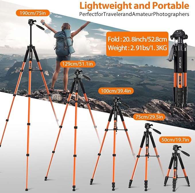 75inch Camera Tripod for ipad iPhone, Heavy Duty Aluminum Tripod with 360° Panoramic Ball Head,Compatible with Canon/Nikon/Sony DSLRs (Load 15 lbs for Travel/Live Streaming/Macro Shooting)