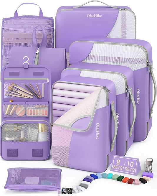 8 Set Packing Cubes for Travel, Gifts for Women Mom,Anti-Tearing Suitcase Organizer for Luggage with Shoe & Hanging Toiletry Bag,OlarHike Vacation Essentials & Accessories for Cruise Ship,Light Purple