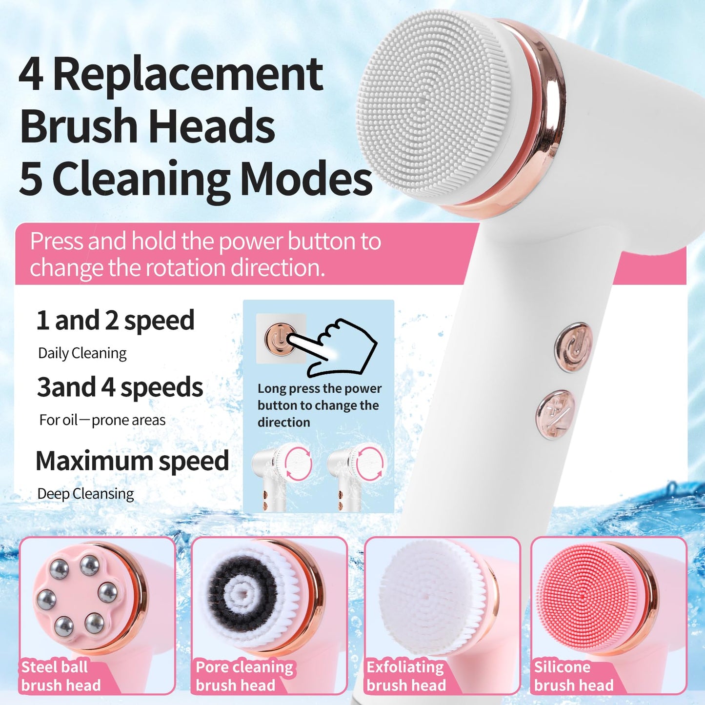 4 in 1 Facial Cleansing Brush, Multi Function Electrical Face Wash, Brush IPX6 Waterproof Portable Face Scrubber, 5 Speed Adjustable, 2 Rotation Directions Adjustable, Gift for Women Men (White)