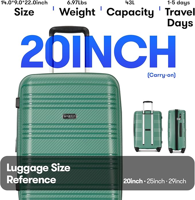 20 Inch Carry on Luggage 22x14x9 Airline Approved Hardside Suitcase with Spinner Wheels TSA Lock, 20-Inch, Green