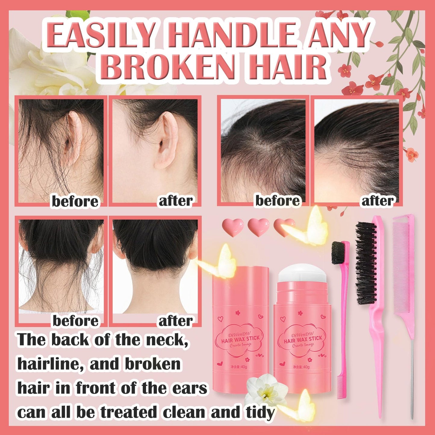 Hair Wax Stick & Hair Styling Combs Set 4 Pcs,Moisturizing Non-Greasy Hair Styling Wax Stick for Edge Control on Wigs And Hair,Lightweight Hair Slick Balm Stick for Flyaways Edge Frizz Hair