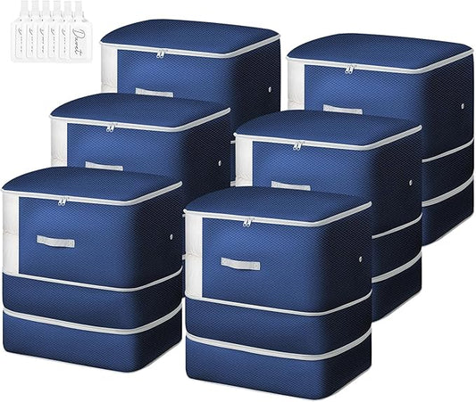 Comforter Storage Bag - 130L Blanket Storage Bags 3-Layer Ultra Space Saving Self Compression Organizer, Washable Compression Bags for Storage Comforter Blanket, 6-Pack, Navy Blue
